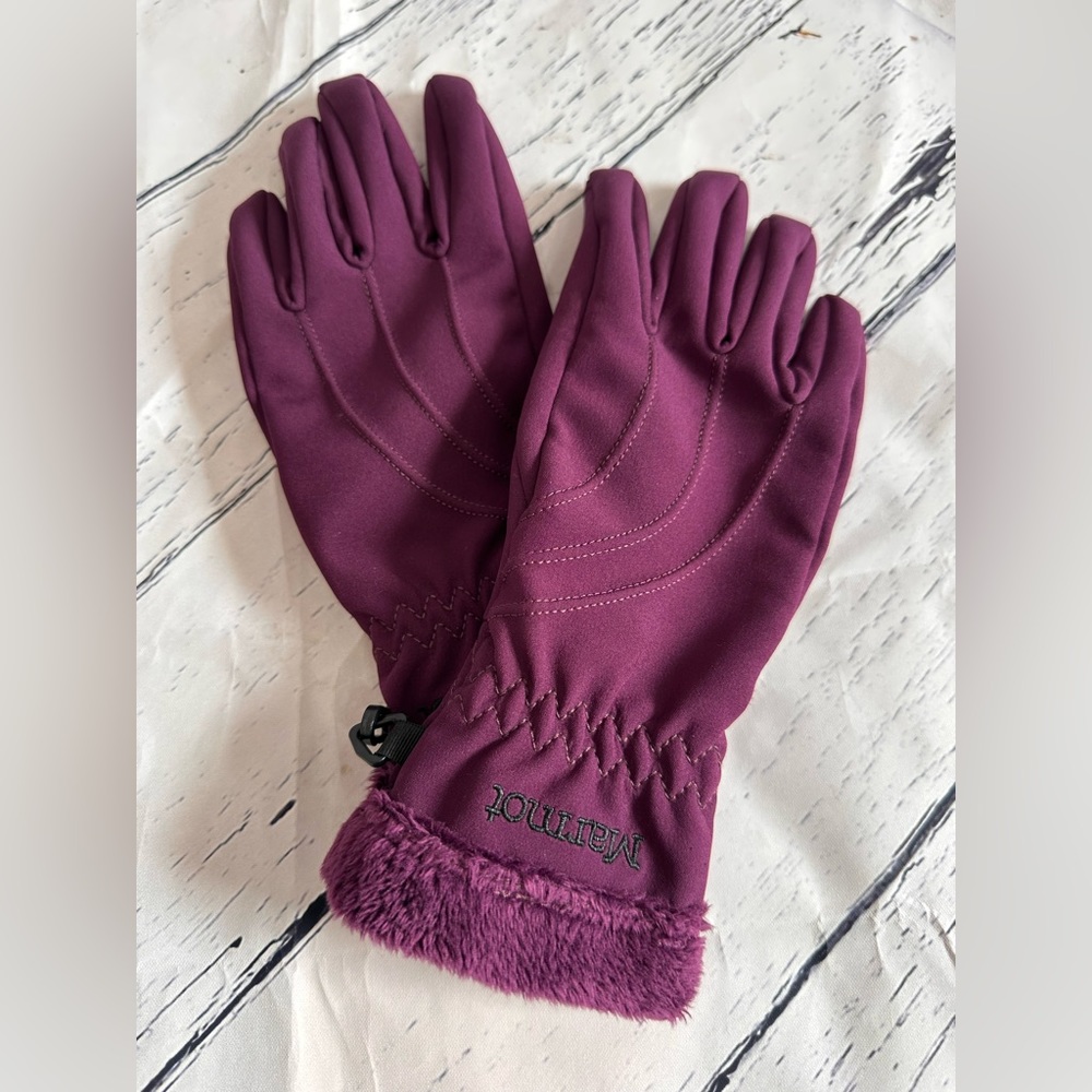 NWOT MARMOT BURGUNDY DEEP PURPLE WARM WINTER LINED GLOVES FUR TRIM XS WOMEN GIRL